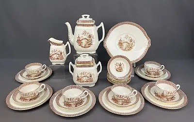 Buy Antique English 30 Pc Set WILLOW BROWN Tea Dessert Service For 6; Nr Mint • 285.95£