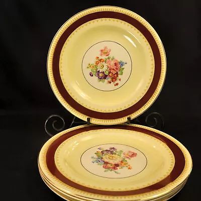 Buy Wood & Sons 4 Plates 10 3/4  Ironstone Yellow Maroon Band Roses W/Gold 1907-1910 • 121.60£