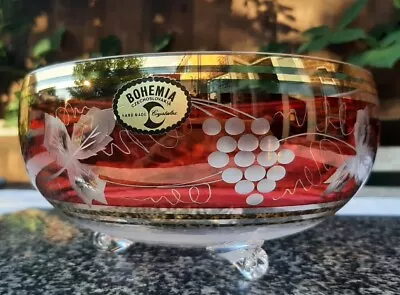 Buy Vintage Bohemian Cut To Clear Ruby Cranberry Glass 'Pinwheel' Footed Fruit Bowl • 49.99£