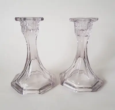 Buy GLASS CANDLESTICK HOLDERS Vintage Pair In Clear Amethyst Colour EXCELLENT COND • 14.99£