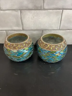 Buy Pier 1 Mosaic Stained Glass Candle Holder Set Turquoise & Gold • 15.13£