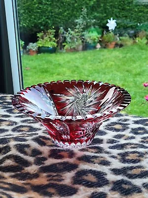 Buy Cranberry / Ruby Glass Cut To Clear Crystal Sweet Dish Fruit Bowl BEAUTIFUL • 59£