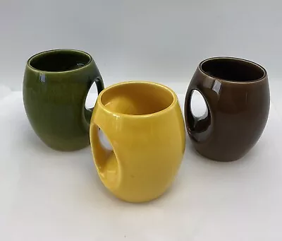 Buy 3x Vintage Holkham Pottery Owl Mugs Bright Yellow Green & Brown Mid Century T100 • 28£