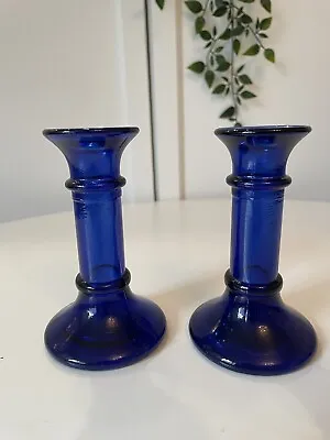 Buy 2 X Vintage Cobalt Blue Thick Fused Art Glass Candlesticks Pair 13cm Tall • 25.28£