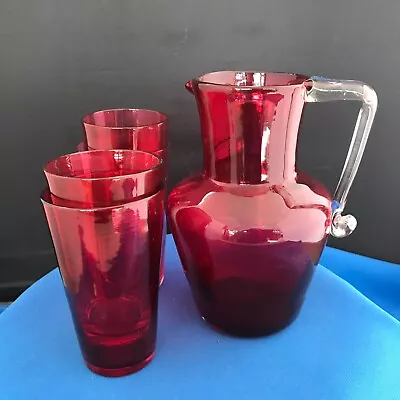 Buy Cranberry Glass Hand Blown Water Jug With Associated Gobelets • 20£
