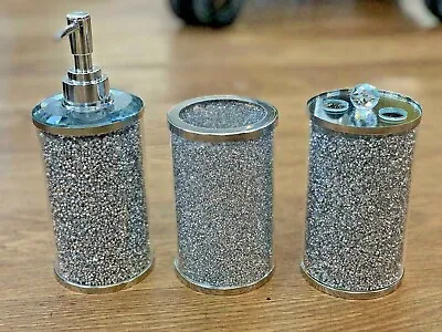 Buy New Set Of 3 Crushed Diamond Crystal Filled Jars Silver White Bathroom Bling • 29.99£