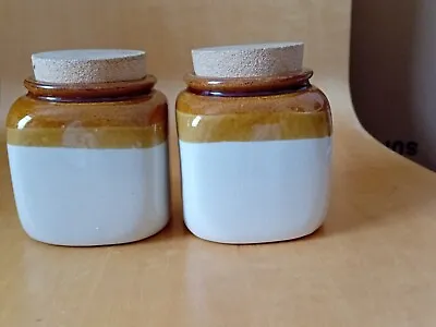 Buy  Pair Of Two Tone Beige-Brown Glazed Stoneware Pots With Cork Lids. • 3£