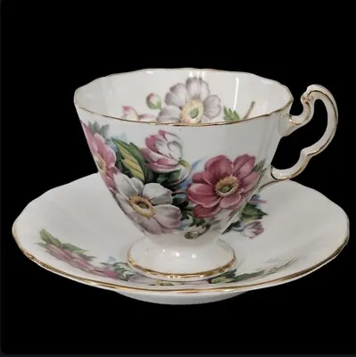 Buy Adderley Pedestal Tea Cup Saucer Pink White Floral N 660 England Gilt Vtg 1940s • 23.67£