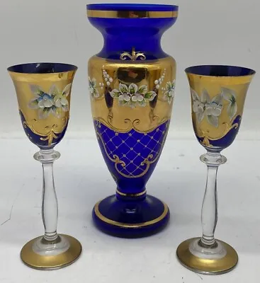 Buy Vintage Bohemia Cobalt Blue Crystal Floral Motif Vase & Two Glasses Set Czech • 44.95£