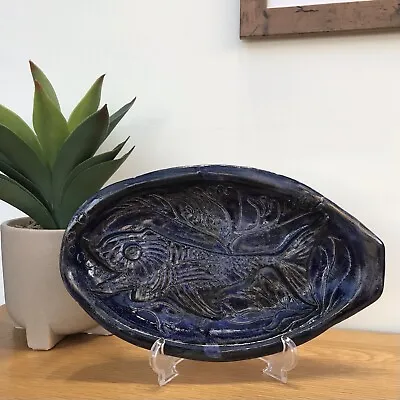 Buy Vintage Handmade Studio Pottery Oval Dish Retro Fish Pattern Glossy Blue Finish • 6£