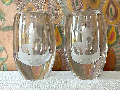 Buy Vintage Swedish MCM Etched Glass Vases With Girl Design - Set Of 2 • 95.33£