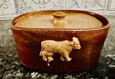 Buy Antique Stoneware Treacle Glaze Butter/Cheese Dish Cow Kitchenalia Pottery • 35£