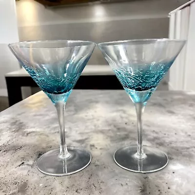 Buy Pier One Teal Blue Crackle Martini Glass Drinking Glasses Set 2 Clear Top • 45.36£
