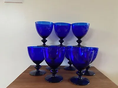 Buy Vintage Bristol Blue Cobalt Hand Blown Set 9 Goblets Glasses • 180.49£