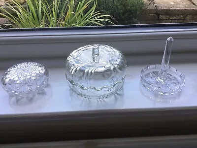 Buy Vintage 2 Lidded Glass Dressing Table Pots And A Long Glass Ring Stand • 3.99£