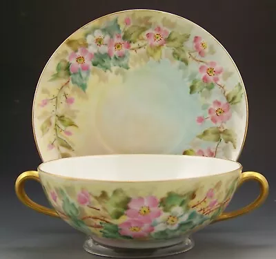 Buy Limoges Hand Painted Roses Cream Soup Bowl & Saucer 1929 • 81.52£
