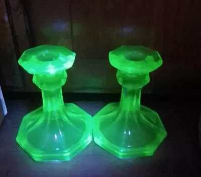 Buy Green Vaseline Uranium Glass Candle Sticks 4.75 Inches  • 14.99£