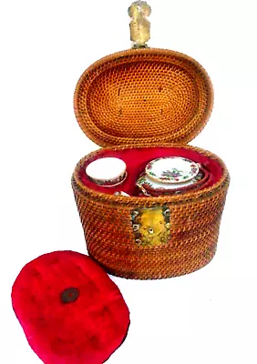 Buy Antique Chinese Tea Set In Woven Wicker Warmer Basket, Teapot, 2 Tea Bowls • 25£