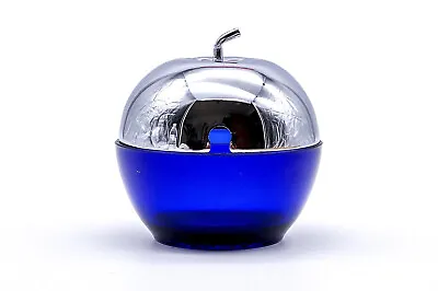 Buy Vintage Sugar Bowl IN Apple Shape Made Of Blue Glass With Metal Lid 70er Years • 47.42£