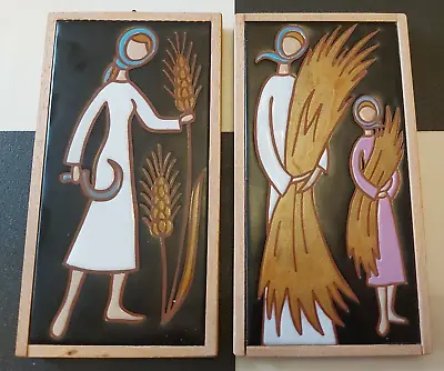 Buy Pair Of Midcentury Farmer Tile Pictures Art Pottery  -  Valsamakis Style • 44.99£