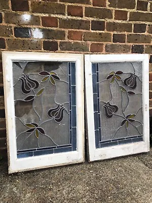 Buy Pair Of Reclaimed Leaded Light Stained Glass Wooden Window Panels RESTORATION • 85£
