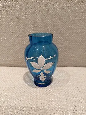 Buy Antique Blue Glass Bud Vase Turquoise White Enamel Hand Painted • 12£
