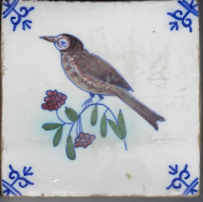 Buy Dutch Delftware Polychrome Tile Depicting A Bird • 40£