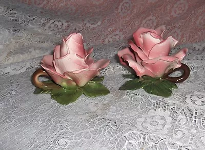 Buy 2 Vintage Capodimonte Porcelain China Pink Rose Candlesticks Handled NICE • 80.51£