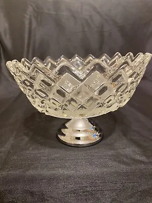 Buy Vintage Pressed Glass Diamond Cut Chrome Style Pedestal Foot Compote Dish Bowl • 19.99£