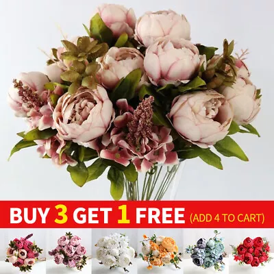 Buy 13 Heads Silk Peony Artificial Flowers Wedding Bouquet Home Party Outdoor Decor • 6.98£