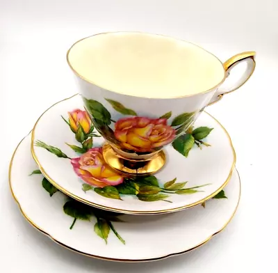 Buy Vintage Paragon Tea Trio Peace Roses Yellow Pink Gold Signed Harry Wheatcroft • 9.90£