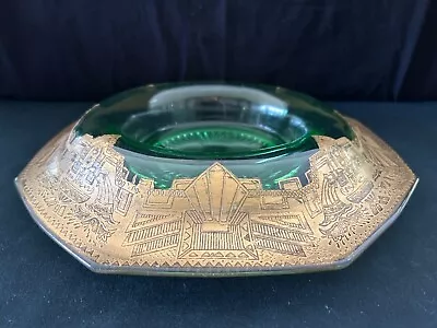 Buy Wheeling Green Console Bowl With Aztec Triangles Five Gold Decoration, Very Rare • 62.42£