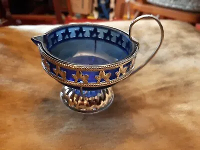 Buy Vintage Cobalt Blue Glass Jug Bowl Silver Metal Ivy Leaf Handled Basket O65 • 7.99£