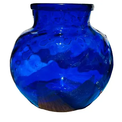 Buy Vintage Cobalt Blue Art Glass Round Small Optic Swirl Vase 6 1/2” Tall • 14.25£