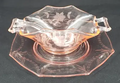 Buy Vintage Pink Depression Glass Mayonnaise Set Bowl, Underplate & Spoon UV Glow! • 42.63£