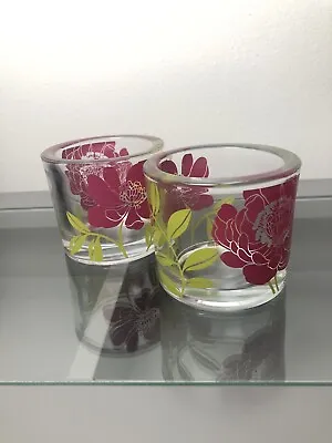 Buy Next Candle Holders Pair Flowers Pink & Lime Green Glass Jars Decorative Used • 9.99£
