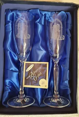 Buy Bohemia Crystal Wedding Glasses In Box. With Etched Bride And Groom Secne. • 15.99£