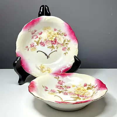 Buy Antique Bavarian China Floral Berry Bowls Pink & Cream Gold Trim Germany Set 2 • 23.74£