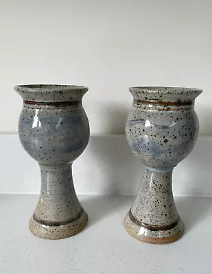 Buy Pair Of Pottery Goblets Speckled Grey/Brown With Blue Marbling • 14.99£