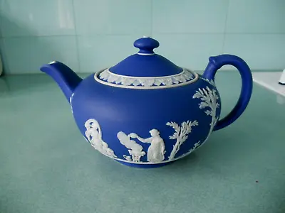 Buy Antique 1887 Wedgwood Jasperware Dark Portland Blue Medium 1.25 Pint Teapot • 34.95£