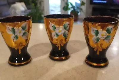 Buy Set Of 3 Italy  Purple Amethyst Hand Painted Gold Floral Shot Glasses (44) • 14.22£