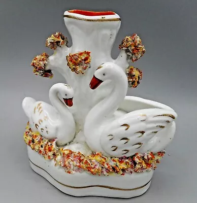 Buy Vintage 19th Century Staffordshire Spill Vase ~ Pair Of Swans With Cygnets ~ • 39.99£