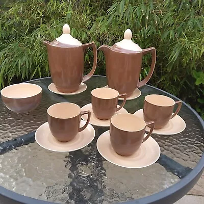 Buy Branksome Super-fine Twin Tone Brown 2 Coffee Pots 4 Cups & Sugar Bowl 1950s • 25£