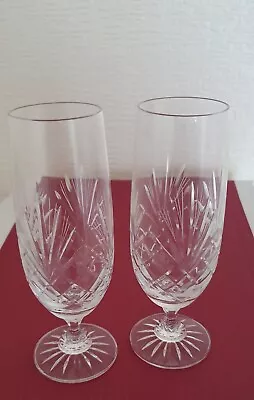 Buy 2 X Cut Glass Champagne Water  Flute Glasses Diamond And Fan Multisided Stem • 15£