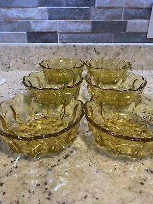 Buy Vintage Set Of 6 Anchor Hocking Thumbprint Yellow Amber Glass Bowls • 25.03£