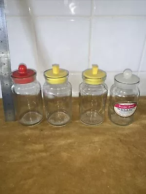Buy 4 Vintage Retro Sweet Glass Jars With  Colourful Plastic  Lids 1960/70's • 9.95£