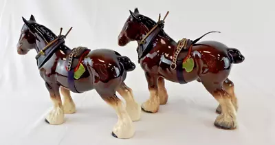 Buy Pair Of Melba Ware Porcelain Brown Shire Horse Figurines In Harness, 20cm Long • 25£