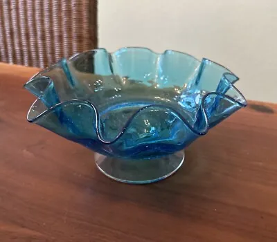 Buy Vintage Mid Century Hand Blown Blue Crackle Glass Candy Fruit Bowl 9.5  • 34.70£