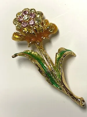 Buy Rhinestones Green & Yellow Enamel Textured Flower On Stem Vintage Brooch Pin • 22.08£