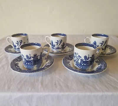 Buy Antique 5 X Burleighware Coffee Cans With Saucers Willow Pattern Blue & White • 44.99£